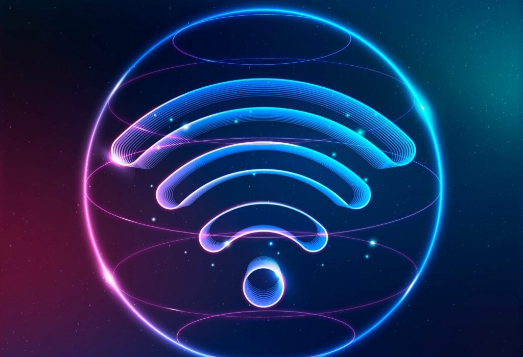 Wireless internet technology icon vector in neon on gradient background